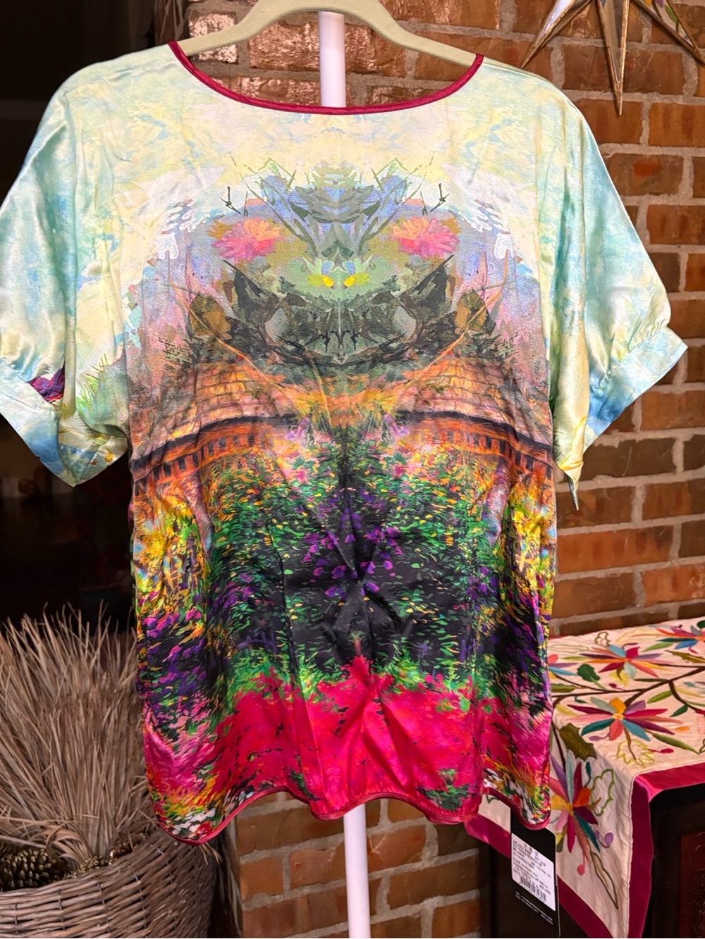 Le Elle Multicolor Abstract Floral Print Silky Blouse.